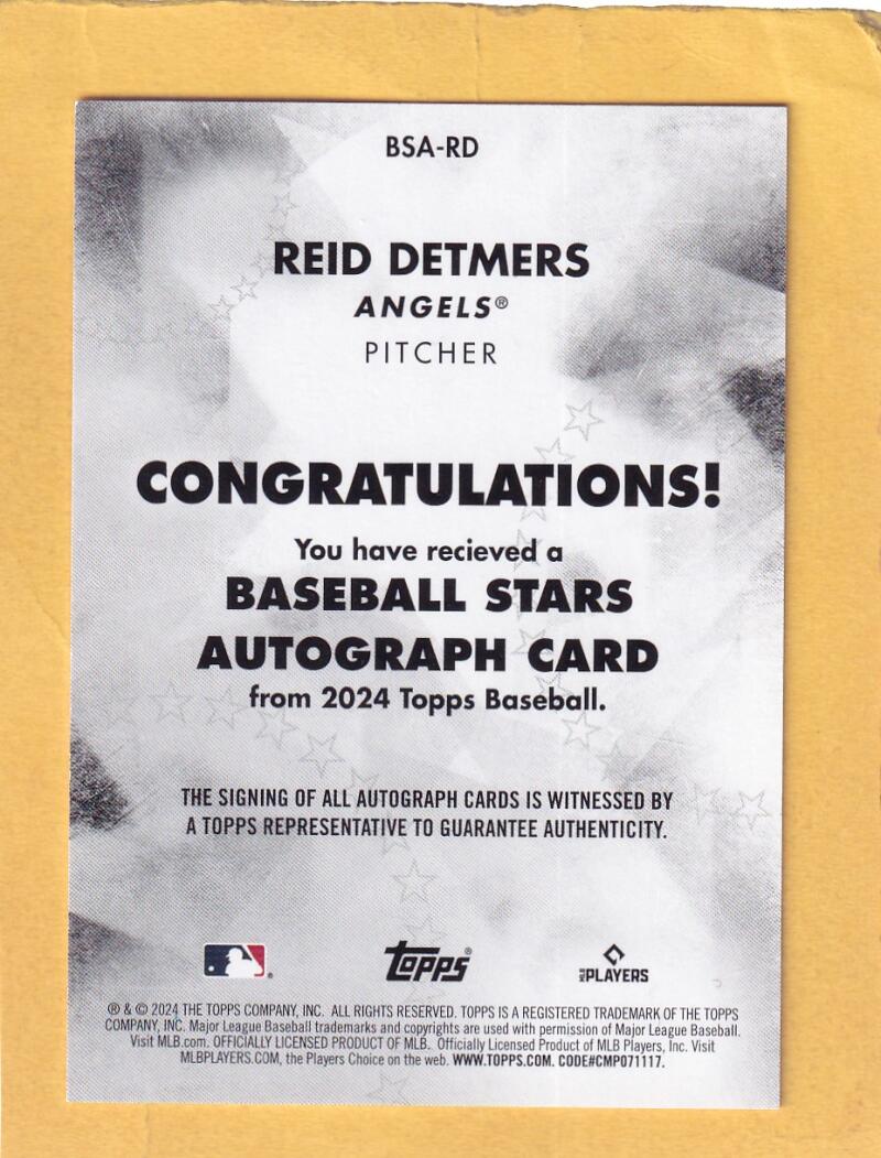 2024 Topps Baseball Stars Autographs #BSA-RD Reid Detmers NM-MT+ Auto Los Angeles Angels
